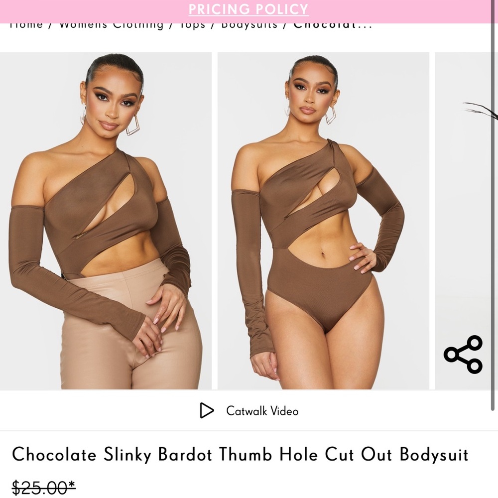 Chocolate Slinky Bardot Thumb Hole Cut Out Bodysuit